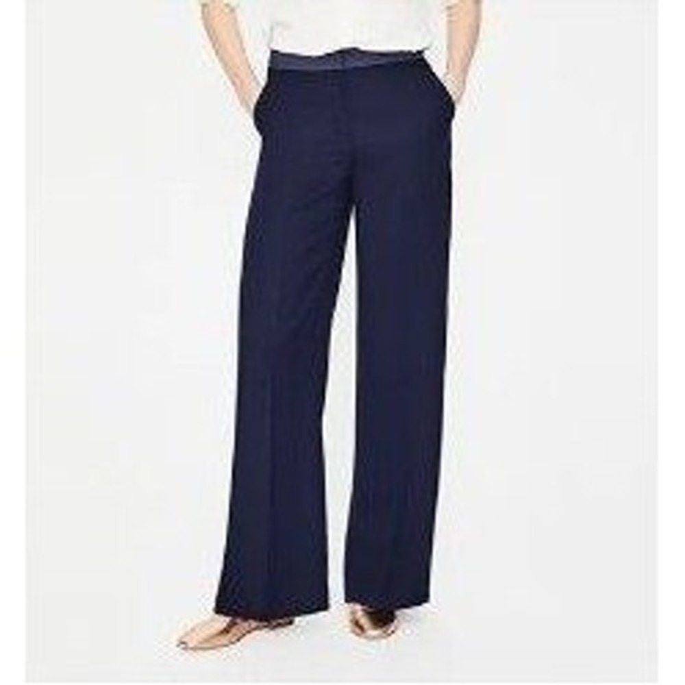 Boden Marlin Wide Leg Trousers Women Size 14R Navy Satin Trim Dress Pants EUC